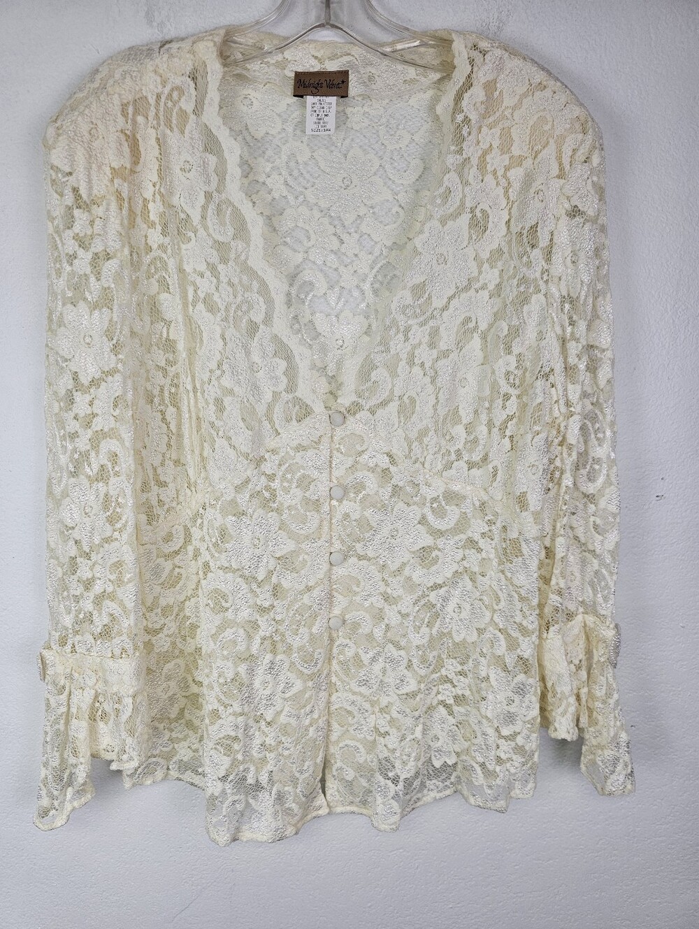 VTG VeIvet Midnight Ivory Lace Button-Front Blouse Pearl Heart Accent Sz 18W USA